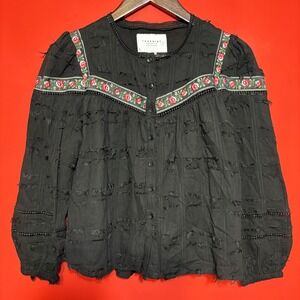 The Shirt Rochelle Behrens Black Embroidered Floral Button Up‎ Blouse Top Medium